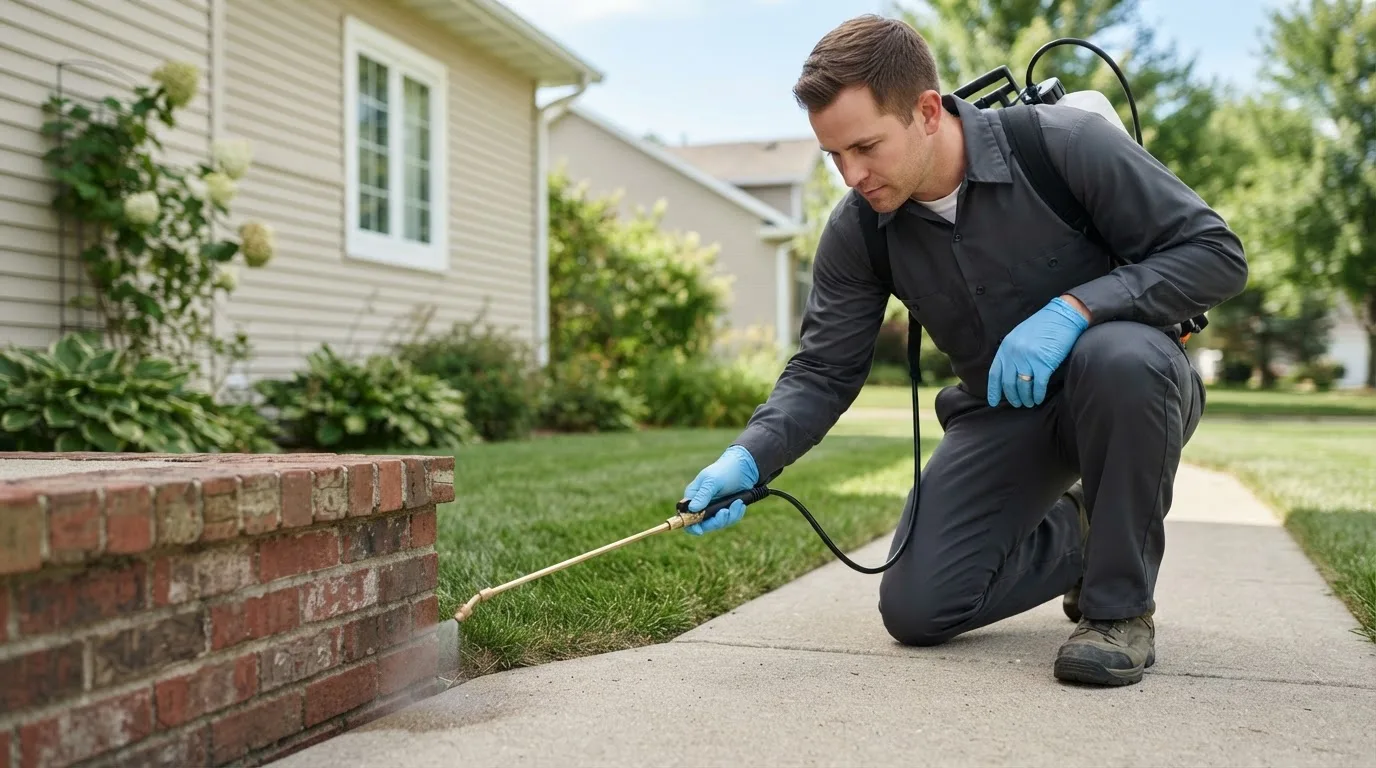 Pest control technician treating a home near Urbana, IN