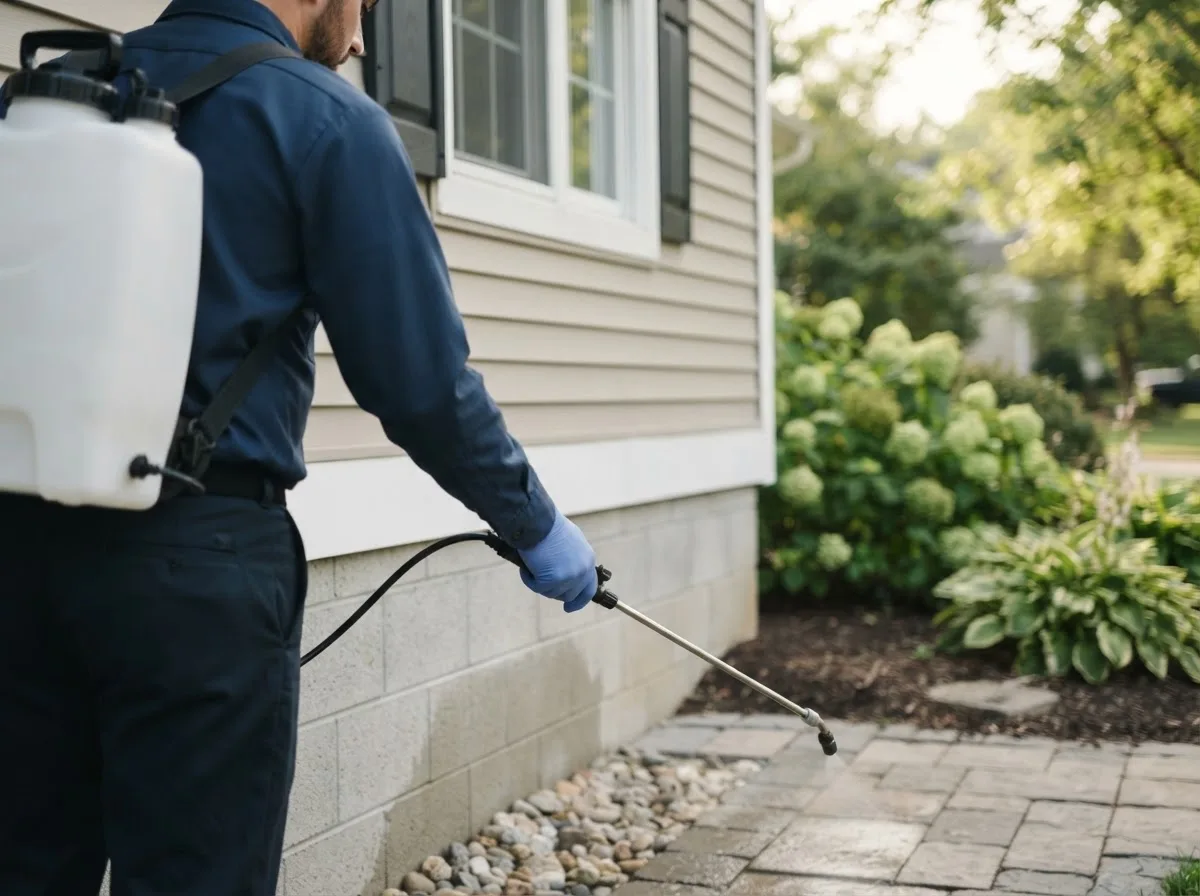 Pest control technician inspecting a home in Urbana, IN